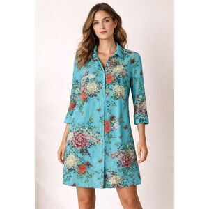 Happy Few XL Teal Floral Butterfly Cotton Boho Shirt Dress NWT